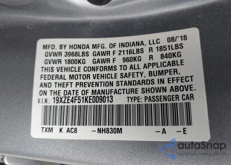 2019 Honda Insight Ex z USA, uszkodzony, nr VIN 19XZE4F51KE009013